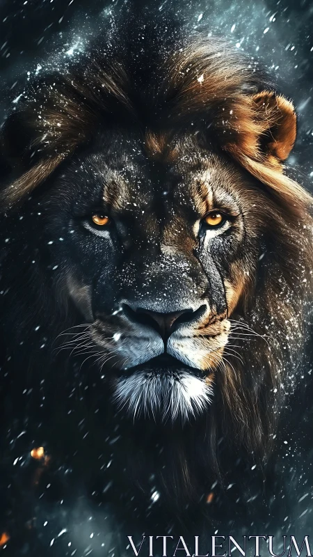 Storm-worn lion king staring down a blizzard of sparks.