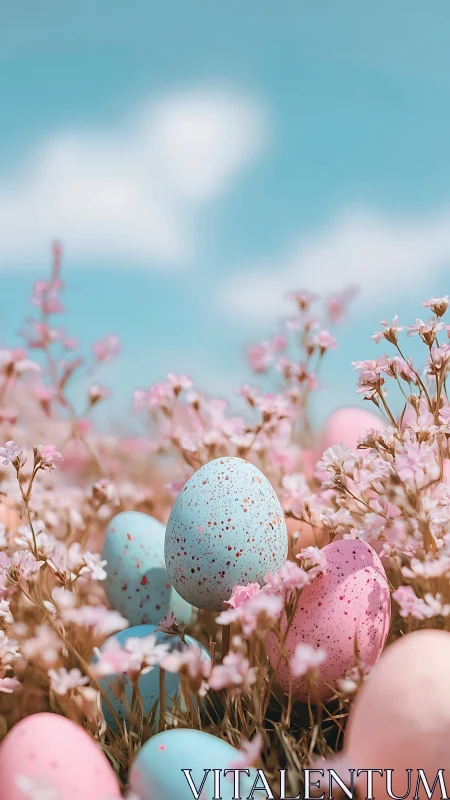 Pastel speckled Easter eggs nestled in pink spring florals.