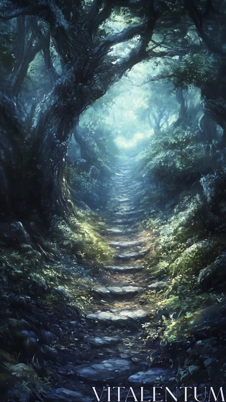 Forest path tunnel with atmospheric light and gnarled tree canopy.