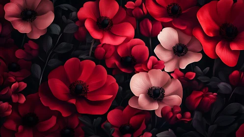 Red and Pink Poppies on Black Background.