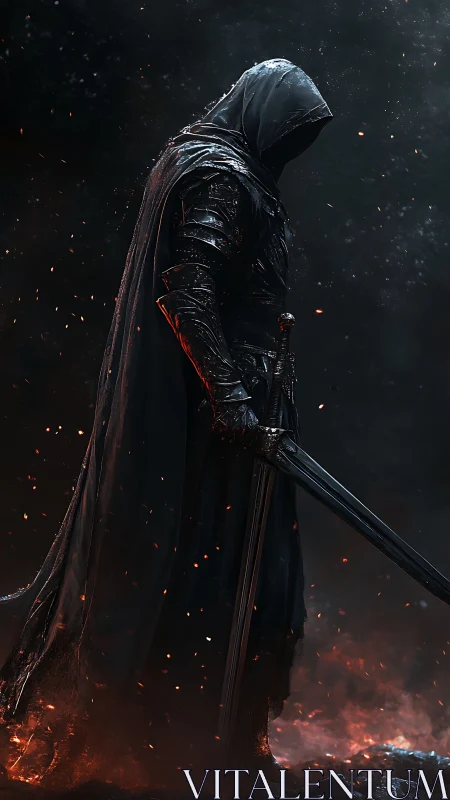 Hooded dark knight with sword amid embers at night.