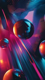 Chromatic metallic spheres within linear abstract corridor.