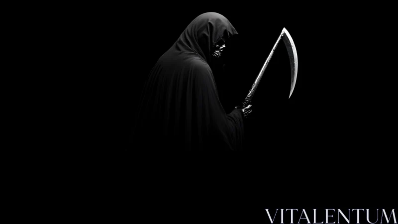 Grim reaper figure holds metal scythe in profile on black