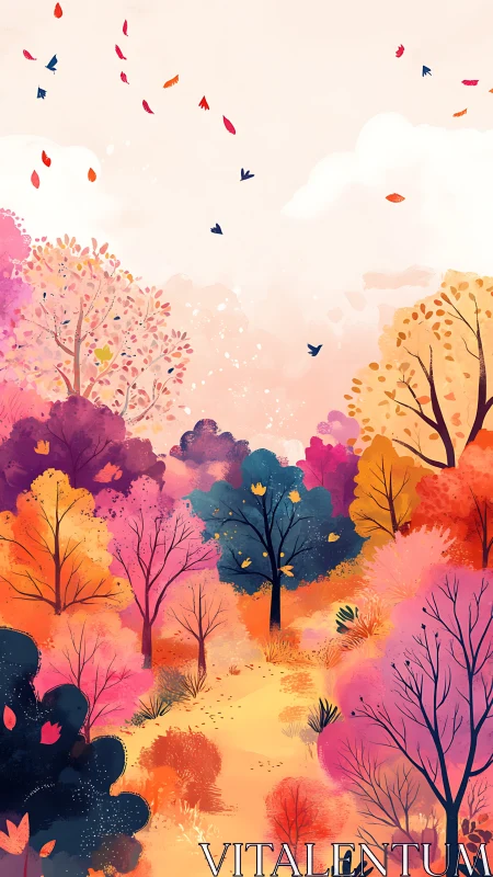 Vibrant Forest in Full Bloom with Playful Sky Dancers