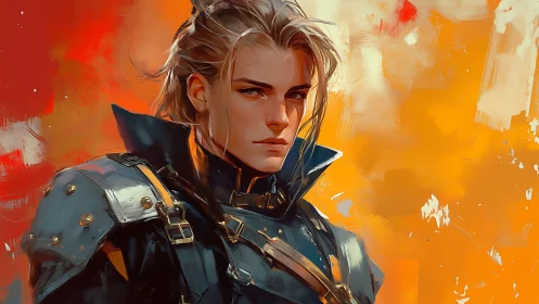 Warrior portrait with molten orange abstract background.