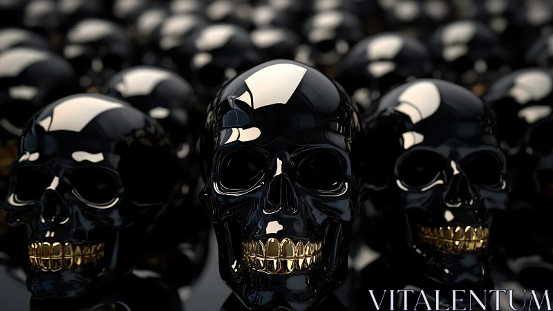 Polished black skull models with reflective surfaces form rows