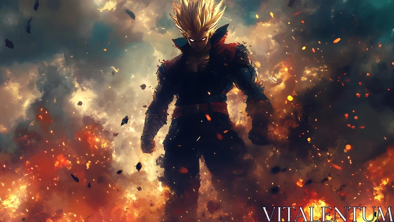 Explosive warrior silhouette amid fiery particle storm.