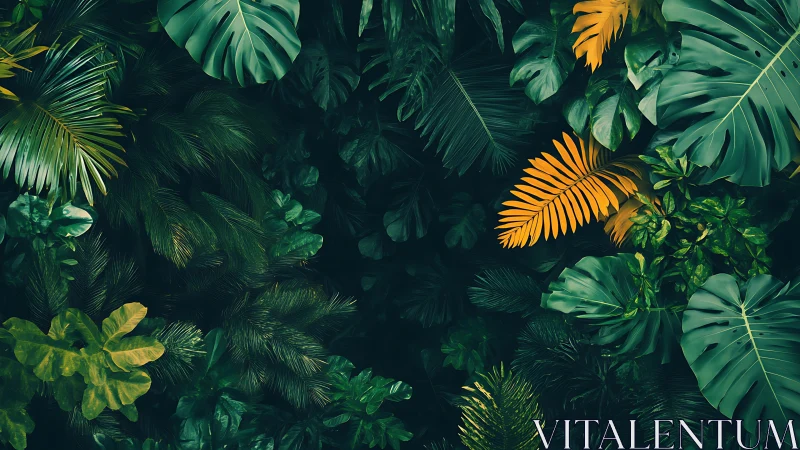 Dense tropical foliage forms a high-contrast botanical tapestry