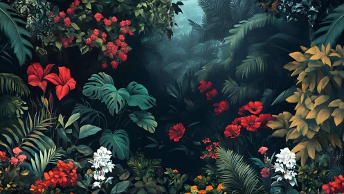 Lush tropical jungle with vivid red blossoms at twilight.