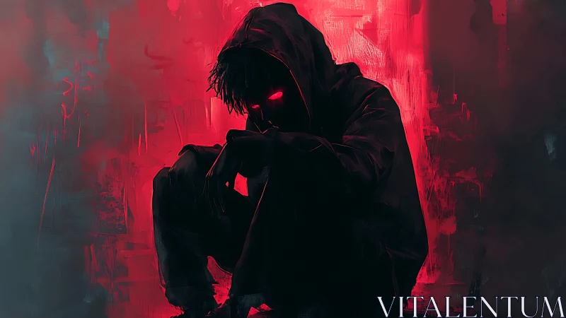 Hooded neon shadow brooding in a crimson glitch haze.