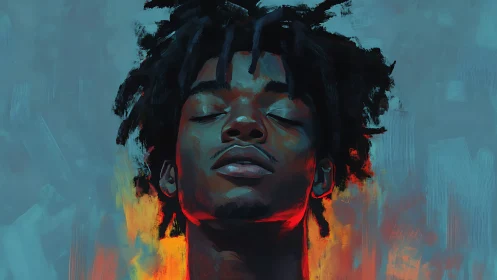 Portrait of serene man in vivid cyan and orange digital painting