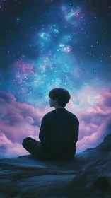 Silhouetted dreamer beneath luminous nebula sky at dusk.