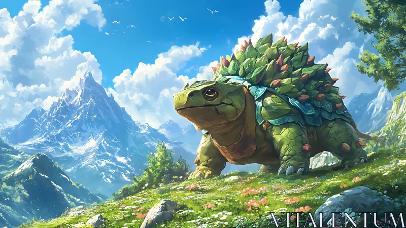 Leaf-covered turtle creature stands in bright alpine meadow
