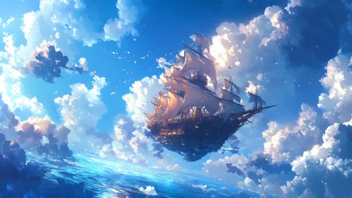Flying sailing ship drifting through bright cloudscape.