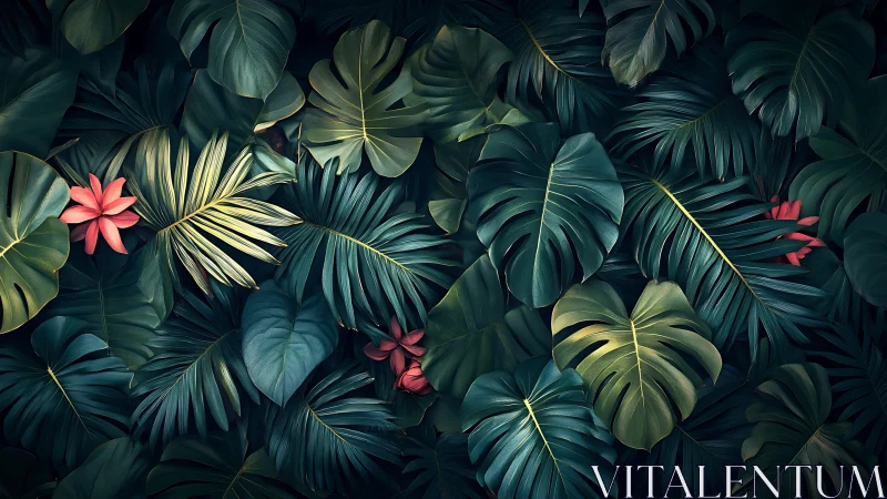 Digital tropical foliage tapestry with layered jungle leaves.