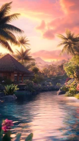 Tropical riverside bungalow under soft sunset sky.