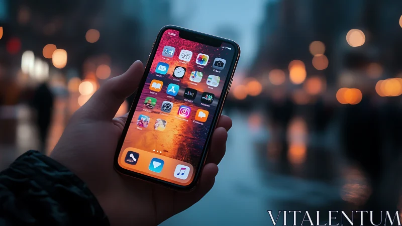 Hand-held smartphone displaying customized app interface against urban bokeh backdrop.