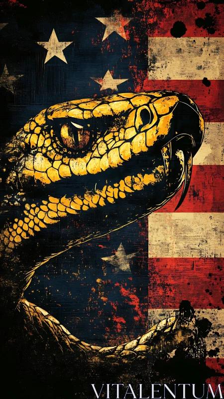 Snarling golden rattlesnake against a splintered flag storm.