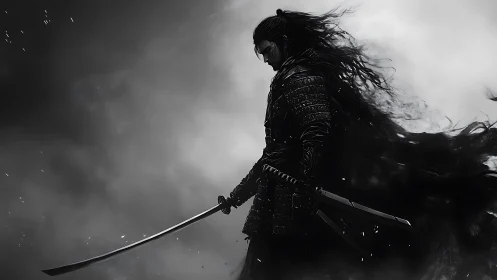 Lone dark samurai stands amid swirling storm clouds.