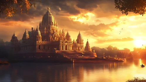 Sunlit riverside temple complex stands in evening light