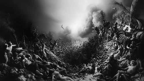 Apocalyptic celestial battle in monochrome vortex panorama.