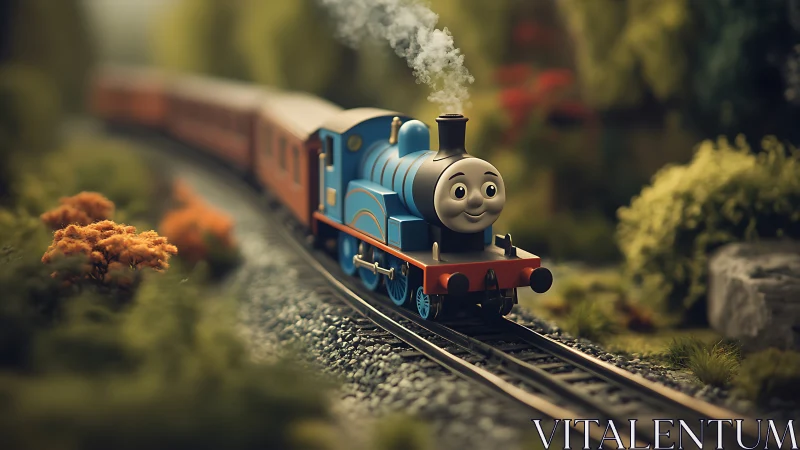 Smiling blue toy steam train on curved garden track.
