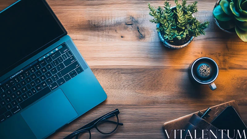 Laptop on wooden desk with coffee, plants, glasses, wallet.