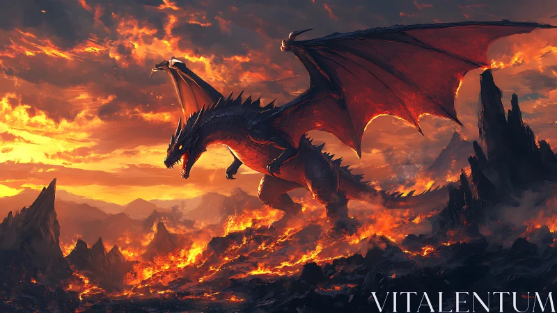 Volcanic dragon traverses magma field under incandescent sky