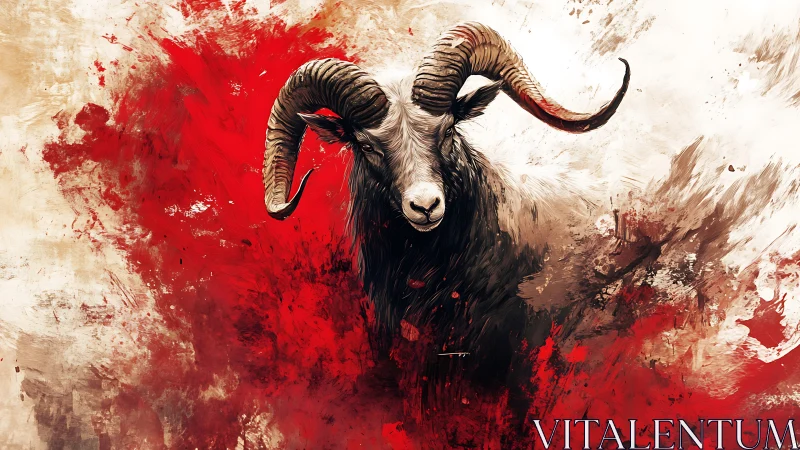 Ram portrait exploding through bold red paint splashes.