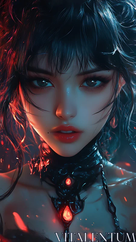 Sorceress portrait with molten obsidian collar and embers.