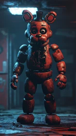 Rusty animatronic bear stands in dim corridor environment
