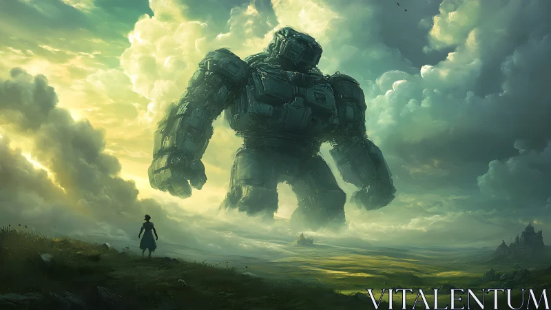 Colossal robot figure towers above lone human wanderer.
