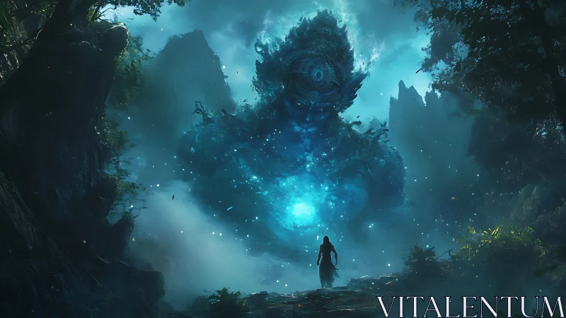 Colossal bioluminescent forest deity materializes in atmospheric mist