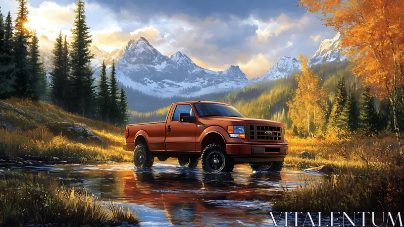 Red pickup truck pauses in golden autumn mountain stream