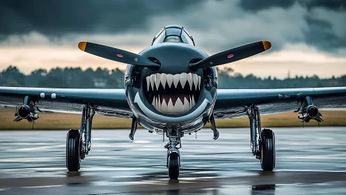 Shark‑mouthed warbird grins wickedly across the wet runway
