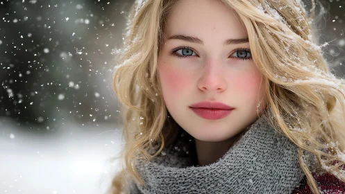 Soft-focus winter portrait renders luminous skin and snowfall