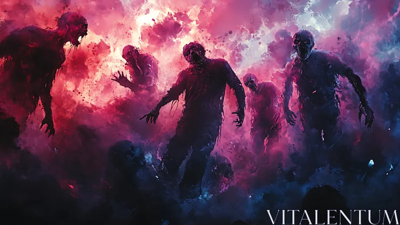 Silhouetted humanoid figures in red and blue atmospheric haze.
