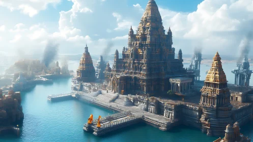 Sunlit Waterborne Temple-City Dreaming Above Quiet Seas.