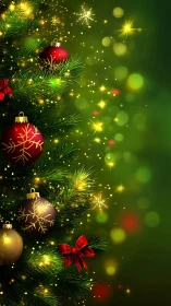 Sparkling Christmas tree ornaments glow in festive light.