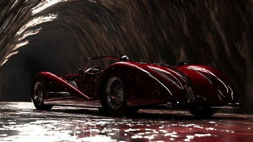 Streamlined red classic roadster gleams inside a wet tunnel.