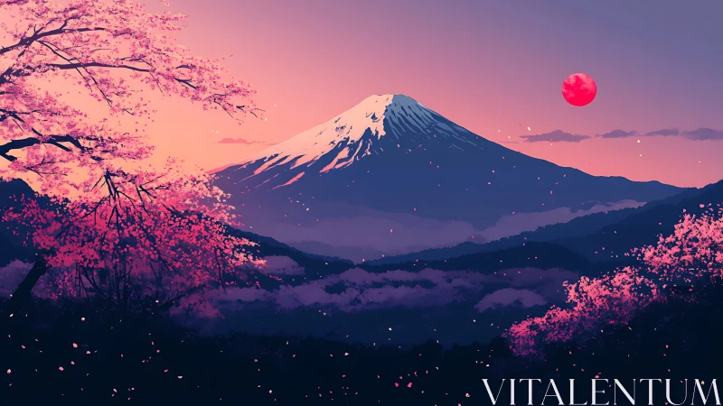Snow-capped mountain with cherry blossoms at red dusk.