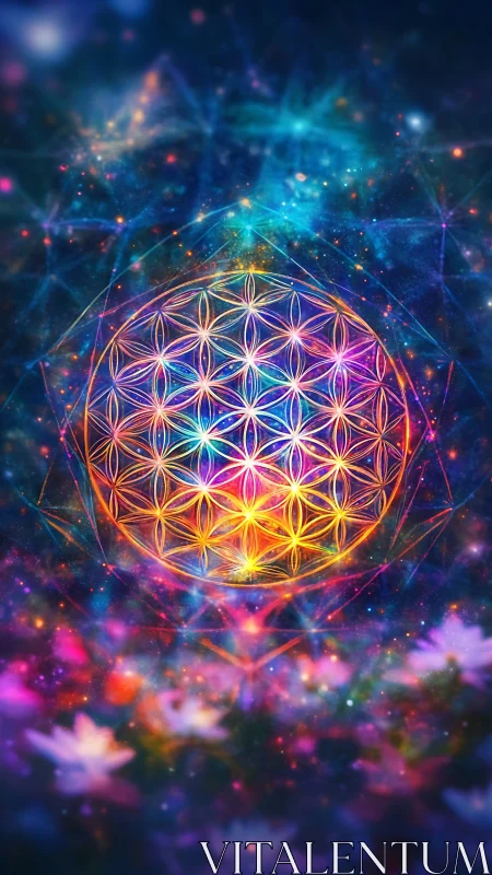Iridescent flower of life sphere amid cosmic nebulae.