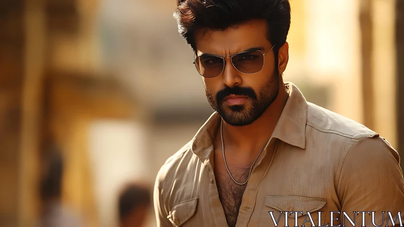 Brooding street wanderer cuts through molten afternoon light.