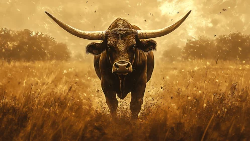 Longhorn bull advancing through golden field landscape.