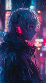 Neon-soaked cybernetic drifter in rainy alleyway profile.