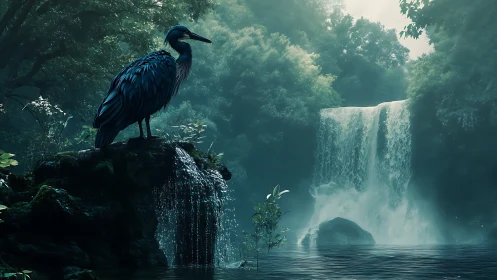 Heron keeps misty vigil beside a secret forest waterfall