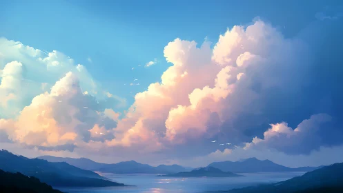 Luminous coastal clouds above serene layered mountains at dusk.