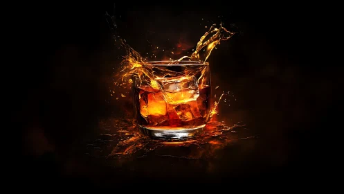 Whiskey Glass Splash Against Black. Golden Impact.