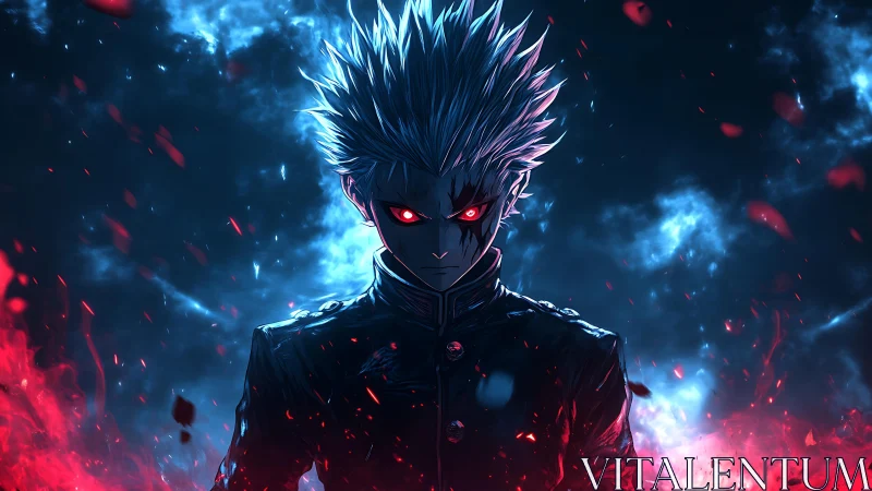 White-haired anime figure stands amid blue and red energy