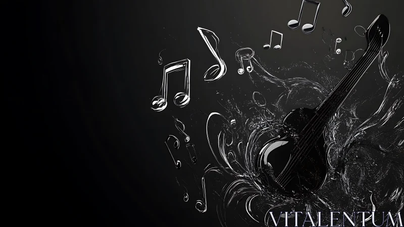 Glossy black guitar generates liquid-like musical notes in motion